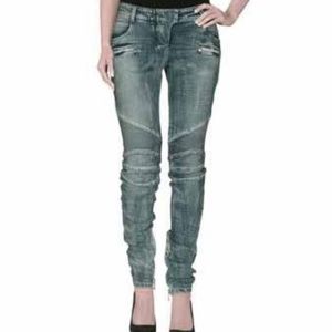 Balmain Blue Med Wash Faded Mid-rise Moto Jeans Size 38